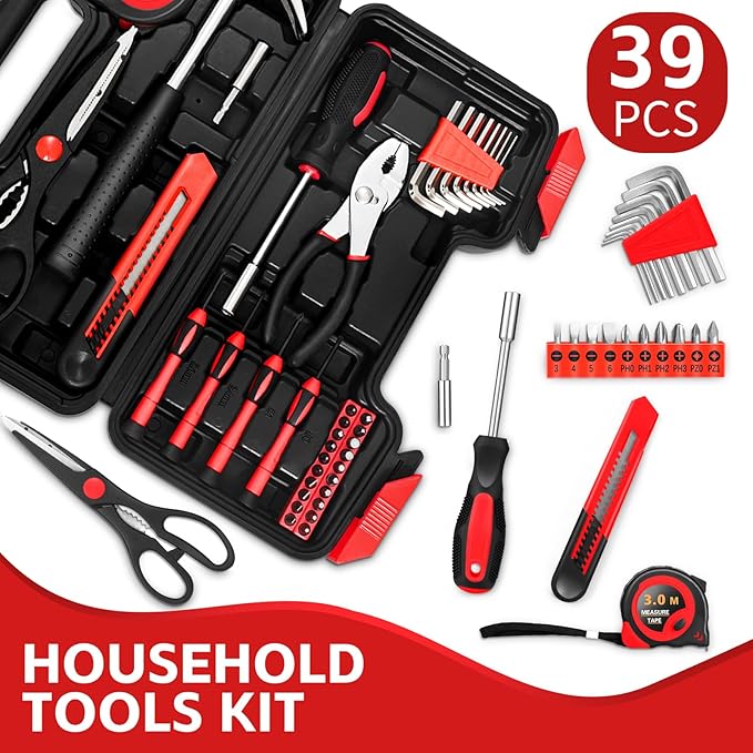39 Piece Home Tool Kit General Household Hand Tool Set small tool box with Toolbox Storage Case for Everyday Home Repairs, Mini Tool kit for Women (Red)