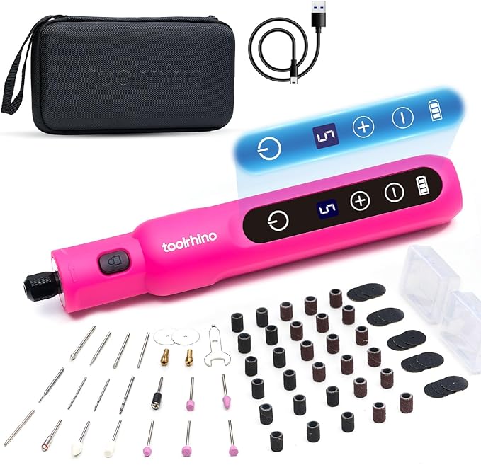 Cordless Rotary Tool Kit, 3.7V Wood Carving Tools with 5 Speed and 62 Accessories, Multi-Purpose Mini Rotary Tool for Sanding, Cutting, Engraving, Drilling, Polishing, DIY Creations, Pink