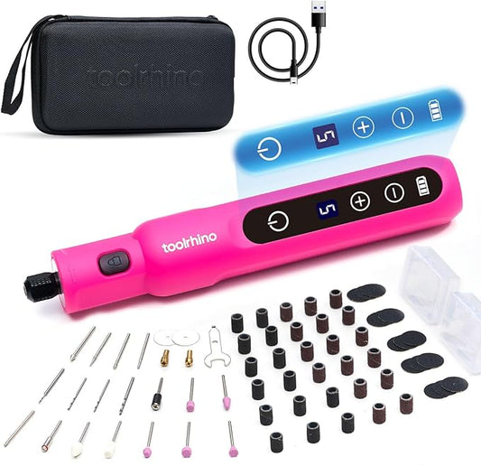 Cordless Rotary Tool Kit, 3.7V Wood Carving Tools with 5 Speed and 62 Accessories, Multi-Purpose Mini Rotary Tool for Sanding, Cutting, Engraving, Drilling, Polishing, DIY Creations, Pink