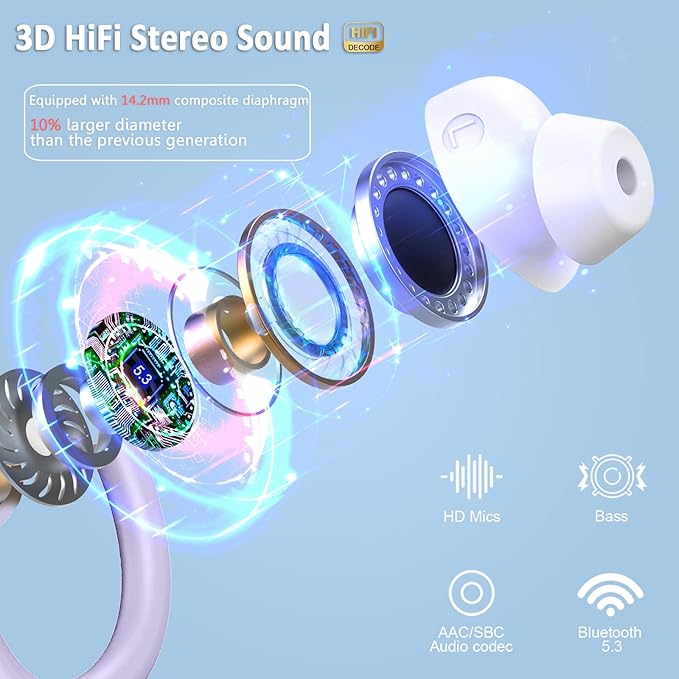 Wireless Earbud, Bluetooth 5.4 Headphones IP7 Waterproof for Sport, 48H Running Wireless Earphones with ENC Noise Cancelling Mic, Deep Bass Over Ear bud with Earhooks for Android, iOS, Workout, Purple