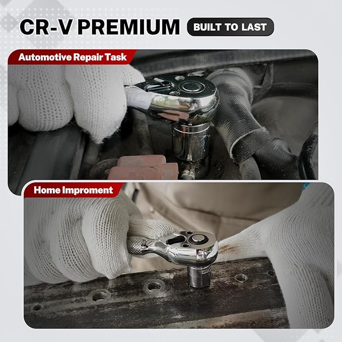 TOMMARS Stubby Ratchet Set, 1/4", 3/8", 1/2" Drive Ratchet Handle Wrench 72-Tooth Quick-Release Reversible