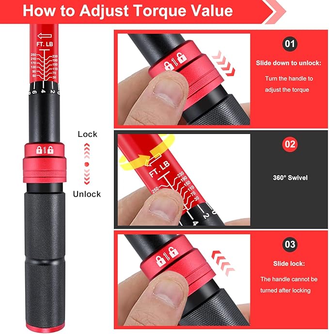 1/2 Torque Wrench,1/2 Torque Wrench 30-250 Ft Lb(40.7-339.0 Nm) Dual scale,torque wrench 1/2 drive 250 ft-lb Pre-Calibrated Accuracy+-3% - Ideal for Automotive & Heavy Machinery Use