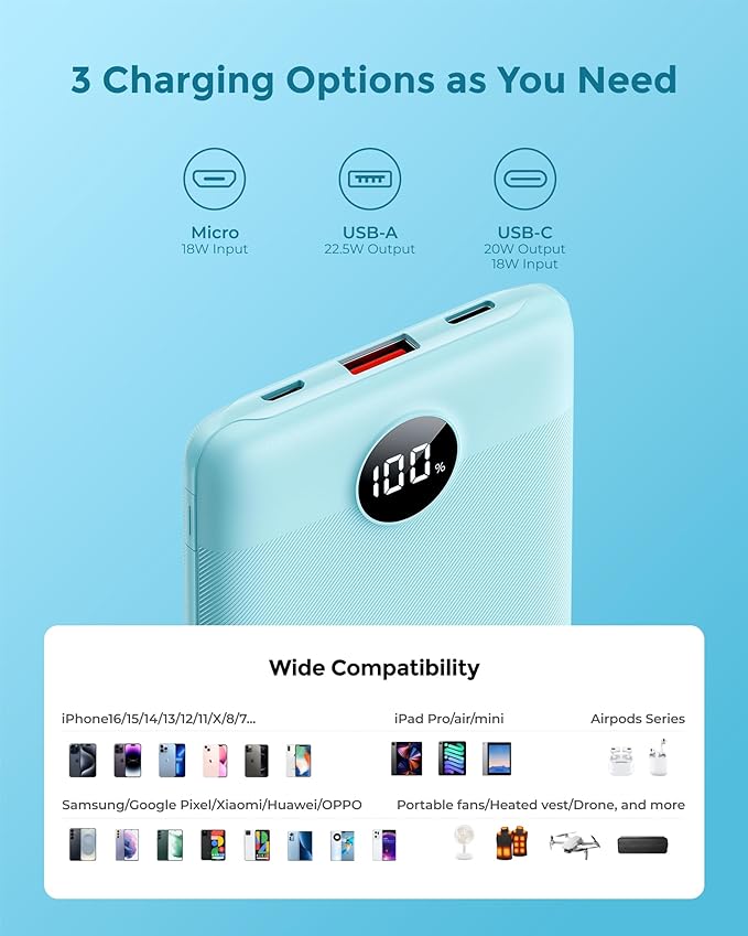 VEEKTOMX Mini Portable Charger 10000mAh, 22.5W Fast Charging Small Power Bank Slim & Lightweight Portable Phone Charger, Dual Voltage Battery Pack Compatible with iPhone/Samsung/Google/Tablet, Blue