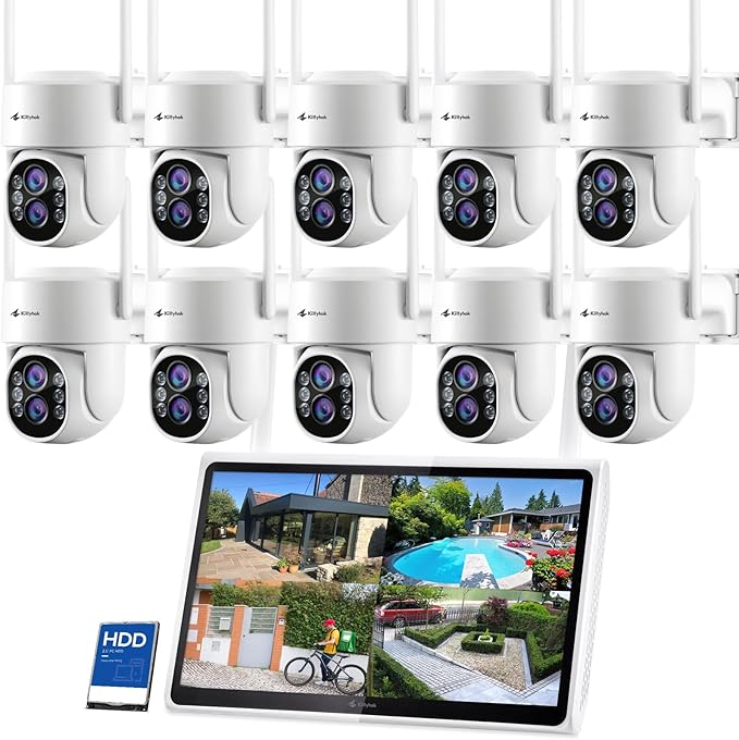 Kittyhok Wireless Security Camera System Outdoor with Monitor, 10pcs 2K Dual Lens PTZ Security Cameras, 10X Mixed Zoom, Auto Tracking, Human Detection, Spotlight, 10CH NVR with 10" Monitor, 500GB HDD