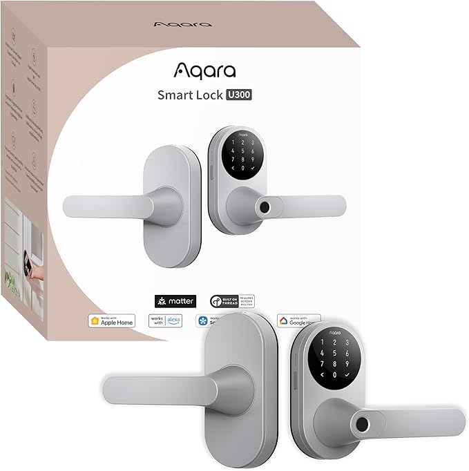 Aqara Smart Lock U300, Fingerprint Keyless Entry Door Lock with Handle, Matter Over Thread with Apple Home Keys, Touchscreen Keypad, Smart Lever Lock Supports Apple Home, Alexa, Google, IFTTT, Silver