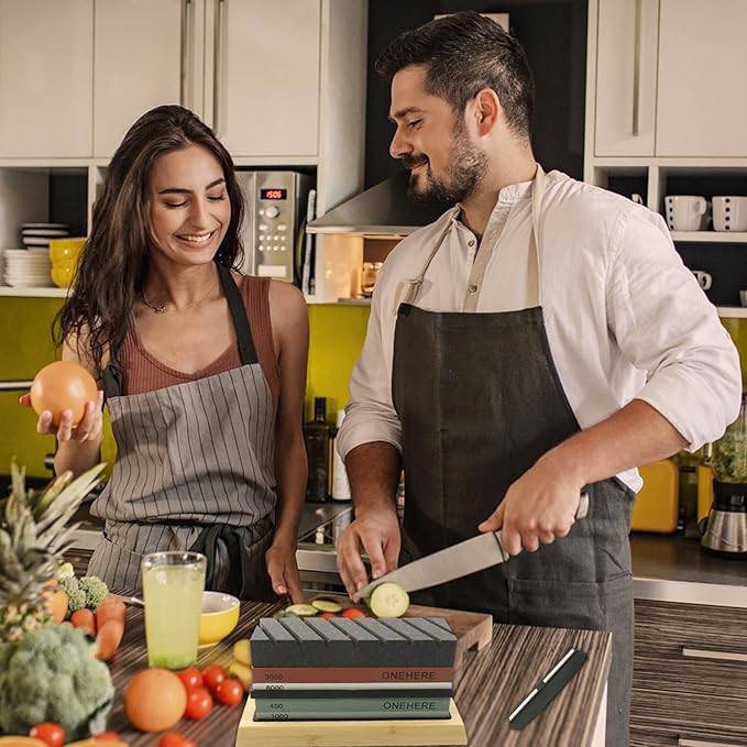 Knife Sharpening Stone Set, ONEHERE 4 Side Grit 400/1000 3000/8000 Whetstone Sharpener Kit with Non-Slip Bamboo Base, Leather Strop, Cut Resistant Gloves, Flattening Stone & Angle Guide (Large Set)