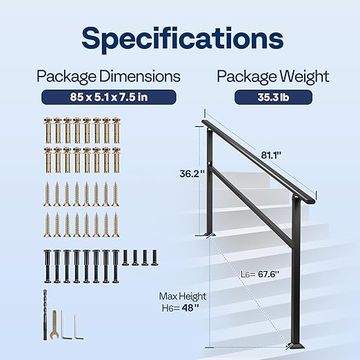VIVOHOME 2-Pack 6 Step Hand Rails for Outdoor Steps, Galvanized Steel Railing, Black Oval Exterior Hand Railing for Porch, Deck, or Indoor Stairs, Railing Kit
