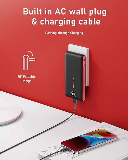 VEEKTOMX Portable Charger with Built in Cables 10000mAh, Power Bank for iPhone with AC Wall Plug, Fast Charging USB C Slim Battery Pack with LED Display Compatible with iPhone16/15/14/13, Samsung