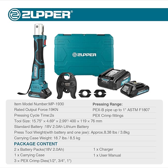 Mini Press Tool kit with 3 PEX Crimp Dies F1807 1/2", 3/4", 1", Brushless Motor, 2pcs Battery, Fast Charger & Carrying Case