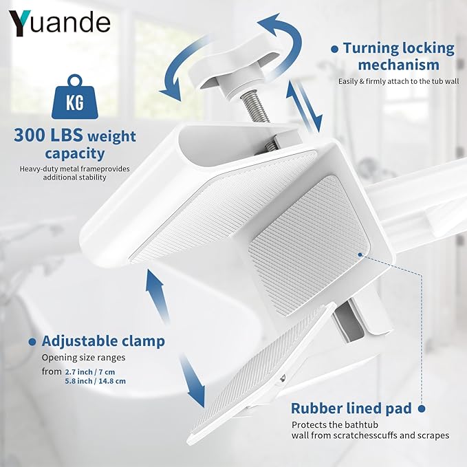 Bathtub Grab Bars with Suction Grab Bars, YuanDe 20x6 Inch Adjustable Bathtub Safety Rail Height & Width, Heavy Duty Tub Handle Grab Bar, Bath Handles Clamp for Elderly Seniors Injury Disabled