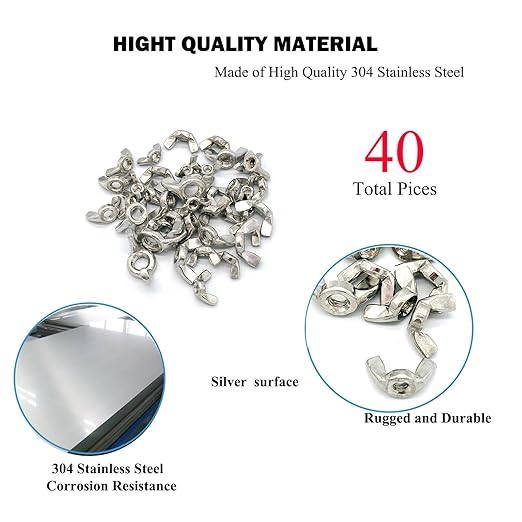 40 Pcs 4 Sizes 3/8,5/16",1/4",3/16"(10#), Wingnuts, 304 Stainless Steel Wing Nuts Fasteners Parts Butterfly Nut, Hand Twist Tighten Hardware Nuts Butterfly Wing-Nut Assorted Kit