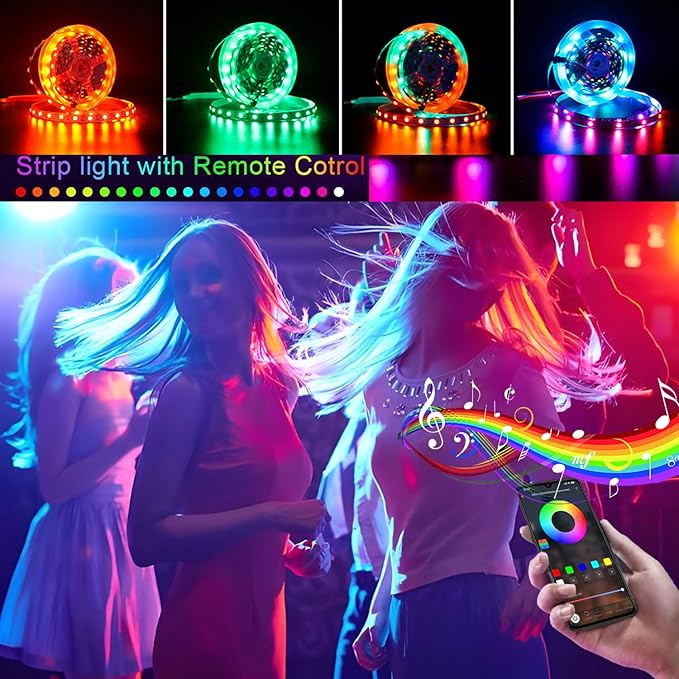 Battery Operated LED Strip Lights 26ft, Color Changing RGB APP & Remote Control, Music Sync, USB Powered, Cuttable - for Bedroom, TV Backlight, Party, Kitchen, Camping