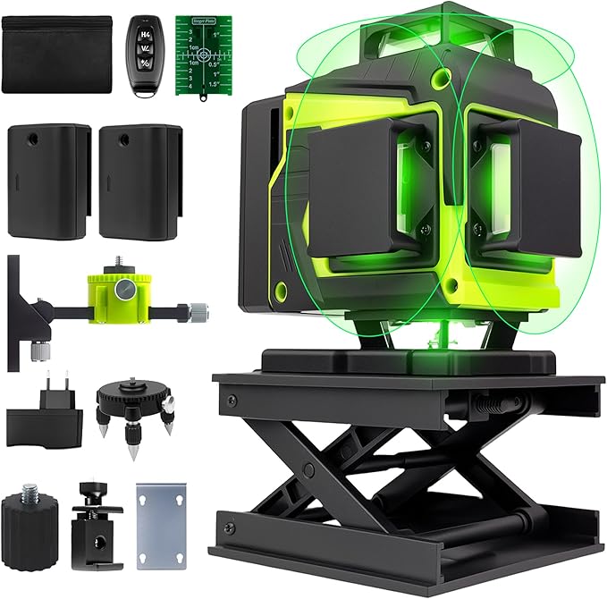 Laser Level 360 Self Leveling Kit, 4D 4x360° Green Cross Line Vertical and Horizontal Line Lazer Leveler, Laser Level Tool for Picture Hanging Construction, Batteries, Magnetic Stand, Carrying Bag