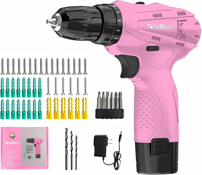 NEWBEAT Pink Cordless Drill Set - 12V Power Drill Cordless with Battery and Charger for Home Improvement, 3/8" Keyless Chuck, 2 Variable Speed, Electric Power Tools for Women DIY