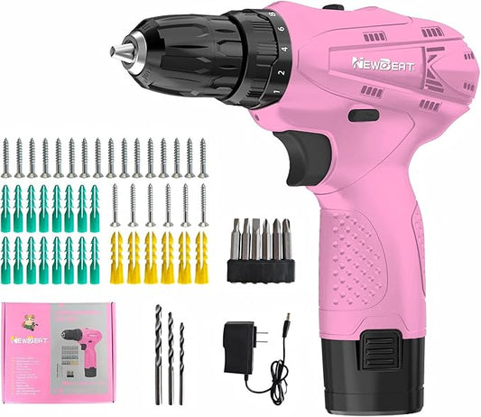 NEWBEAT Pink Cordless Drill Set - 12V Power Drill Cordless with Battery and Charger for Home Improvement, 3/8" Keyless Chuck, 2 Variable Speed, Electric Power Tools for Women DIY