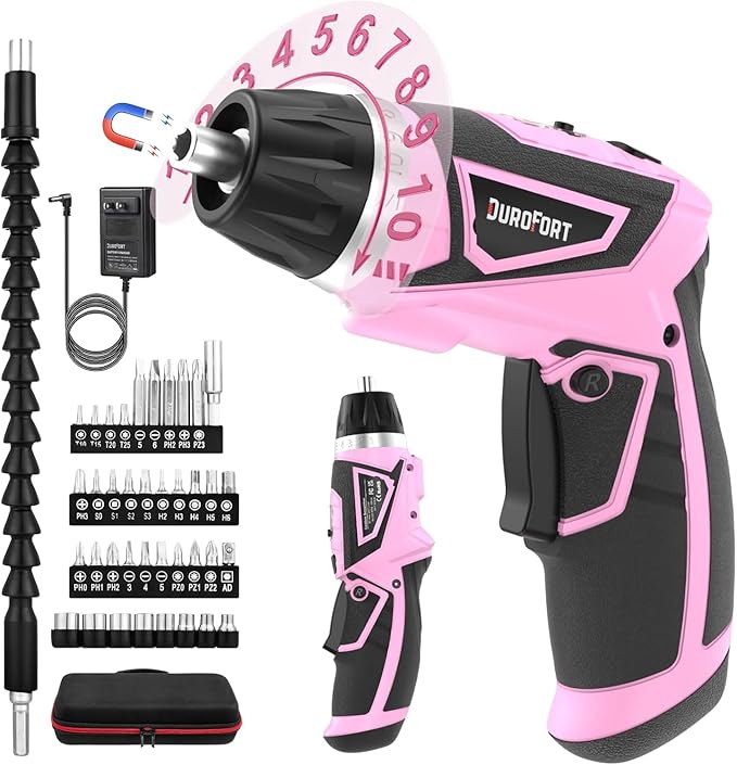 Cordless Electric Screwdriver Set, 8V 10Nm Rechargeable Power Electric Drill, Battery Screw Gun with Driver Bit, 320RPM/10+1 Torque, 2 Position Handle, Flexible Shaft LED Light (Pink, 39Pcs)