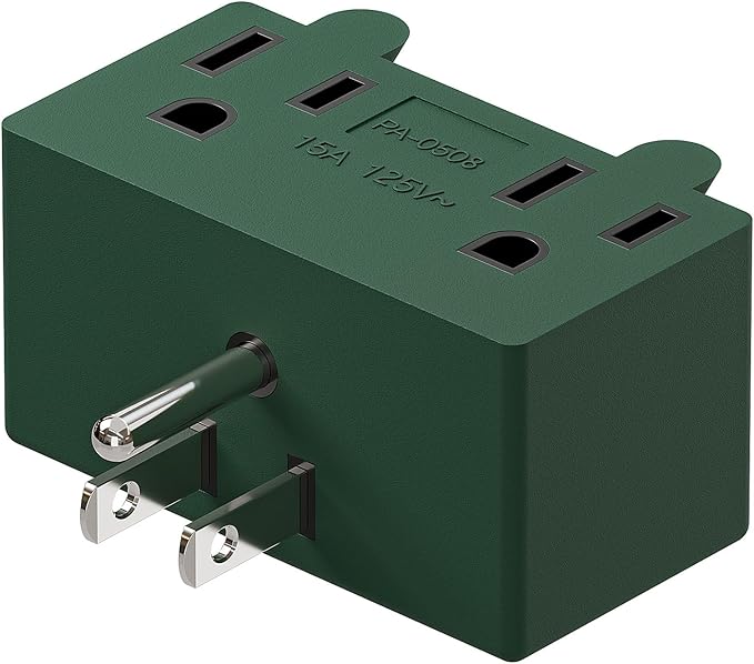 NEMA 5-15P to Dual 5-15R Adapter, Plugrand 90 Degree Downward Angled NEMA 5-15P Male to Female Adapter, Angled USA Power Adapter, 3 Prong Direction Changer Space Save Plug Green PA-0508G