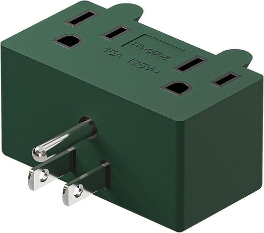 NEMA 5-15P to Dual 5-15R Adapter, Plugrand 90 Degree Downward Angled NEMA 5-15P Male to Female Adapter, Angled USA Power Adapter, 3 Prong Direction Changer Space Save Plug Green PA-0508G