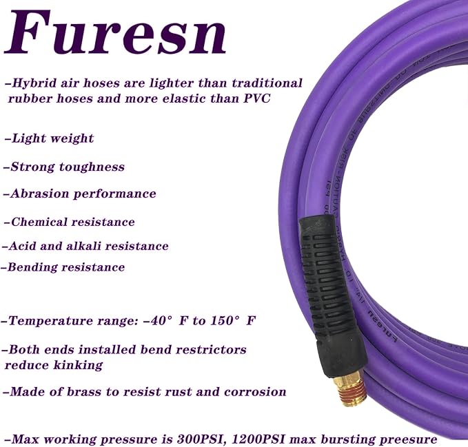 Air Hose 1/4 in x 30 ft, Hybrid Air Compressor Hose Kit with 1/4 in NPT Male Threads, 13 Piece Air Tool & Air Compressor Accessories Kit, Bend Restrictors, 300 PSI (Purple, 30FT-13 Pieces)