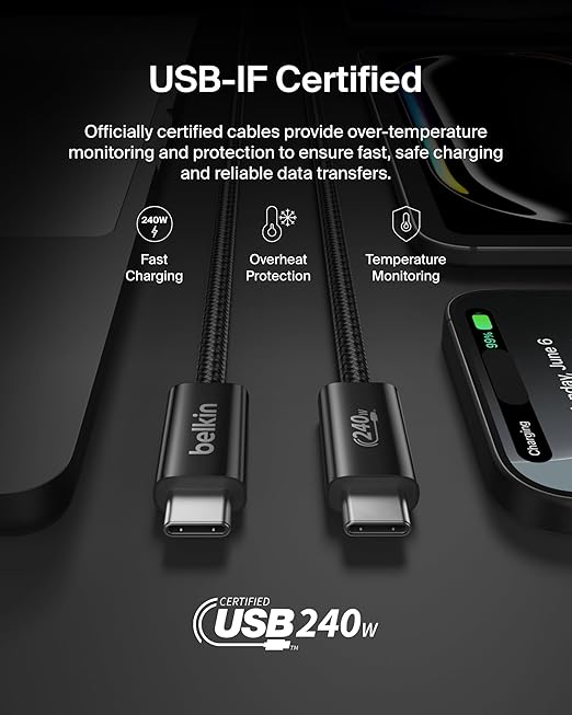 Belkin USB C to USB C Cable, 3.3ft, 240W - Type C Charger, iPhone Charger Cord, Soft, Braided, Flexible for iPhone 16, Galaxy S25, Pixel 9, MacBook, Chromebook, iPad Pro, Switch Steam Deck – Black
