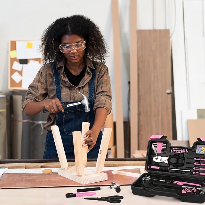 132 Piece Pink Household Tool Set General Household Hand Tool Kit with Plastic Toolbox Storage Case, All Purpose Small Tool Set Great for Home, Garage, Office and College Dormitory Use