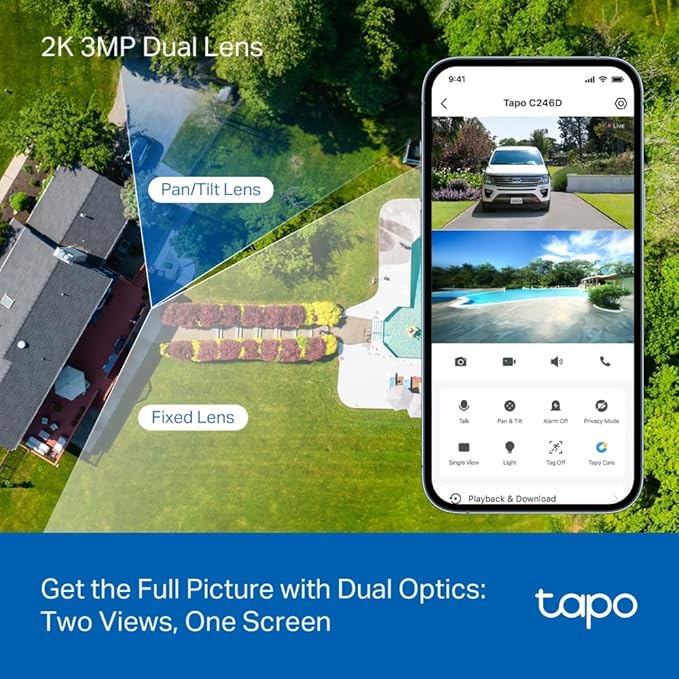Tapo 2K 3MP Indoor/Outdoor Dual Lens Pan/Tilt Security Camera – 125° Wide-Angle + 6mm Telephoto, 360° Pan, Free Person/Vehicle Detection, SD/Cloud Storage, Works w/Alexa & Google Home – HybridCam Duo