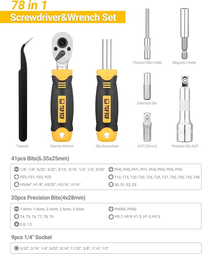 78 PCS Ratcheting Screwdriver Set Ratchet Wrench Socket Set, with Magnetic Precision Screwdriver Set, Portable, Repair Tool Kits, Double-Layer Design for Computer/Bike/Car/Electronics