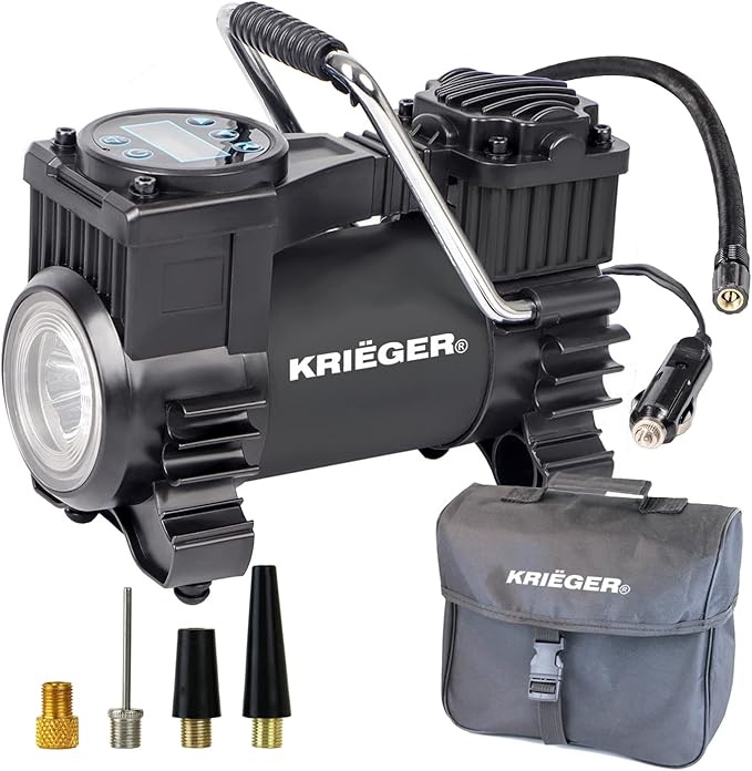 K KRIËGER Air Compressor Portable Tire Inflator 12V DC Air Pump for Car Tires with Digital Tire Pressure Gauge 120 Max PSI Preset Pressure Feature, LED, Digital Display Includes Storage Bag