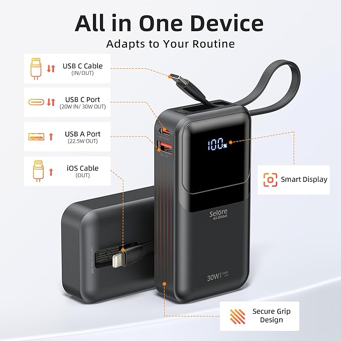 PD 30W Fast Charging Portable iPhone Charger 10 000mAh Mini Size Power Bank with Built in USB C & Lightning Cable, LED Display, Travel Battery Pack for iPhone 16/15/14/13 Series Samsung etc