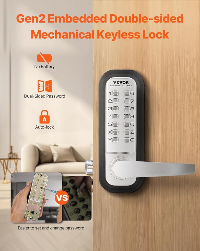 VEVOR Mechanical Keyless Entry Door Lock, 14 Key, Mechanical Keypad with Handle, Double-Sided Stainless Steel Waterproof Keyless Gate Lock, for Home Office Yard, Sliver