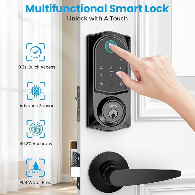 DEVO G10 WiFi Smart Deadbolt Lock, 6-in-1 Keyless Entry with Fingerprint, APP Remote Control, Digital Keypad, Front Door Lock，Auto-Locks,Easy Install，IP54 Waterproof