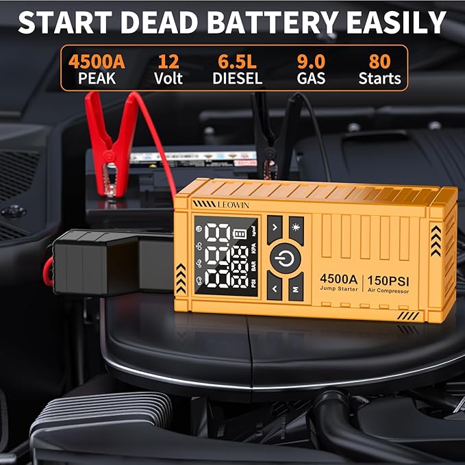 Jump Starter with Air Compressor, Battery Jumper Starter Portable(9.0 Gas/6.5L Diesel) with Tire Inflator, 12V Car Battery Jump Starter with Smart Jumper Cables, LED Light, LCD Display