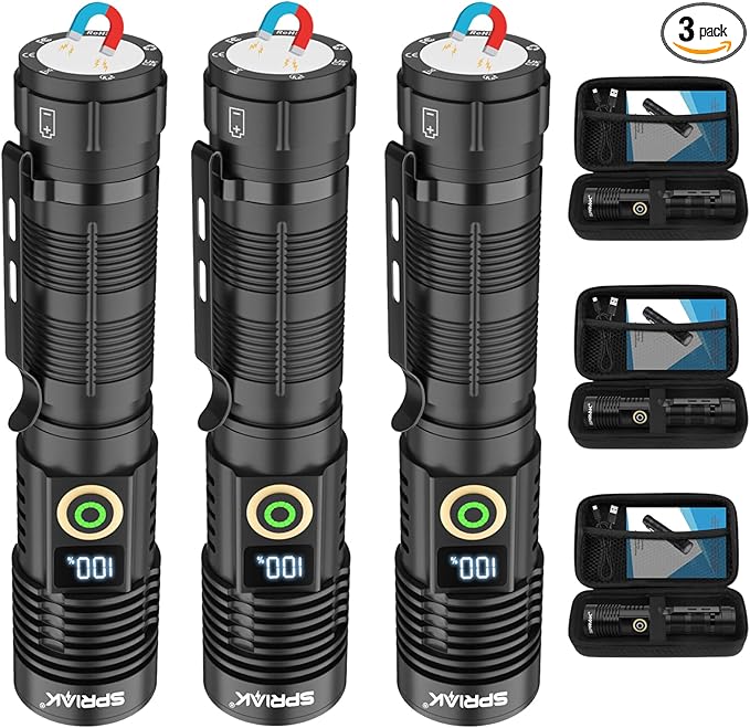 Rechargeable Flashlight High Lumens 3Packs-Super Bright Magnetic Flash Light with Power Digital Display, Long Range,Dimmable,Waterproof,Pocket Handheld Tactical LED Flashlights for Emergency