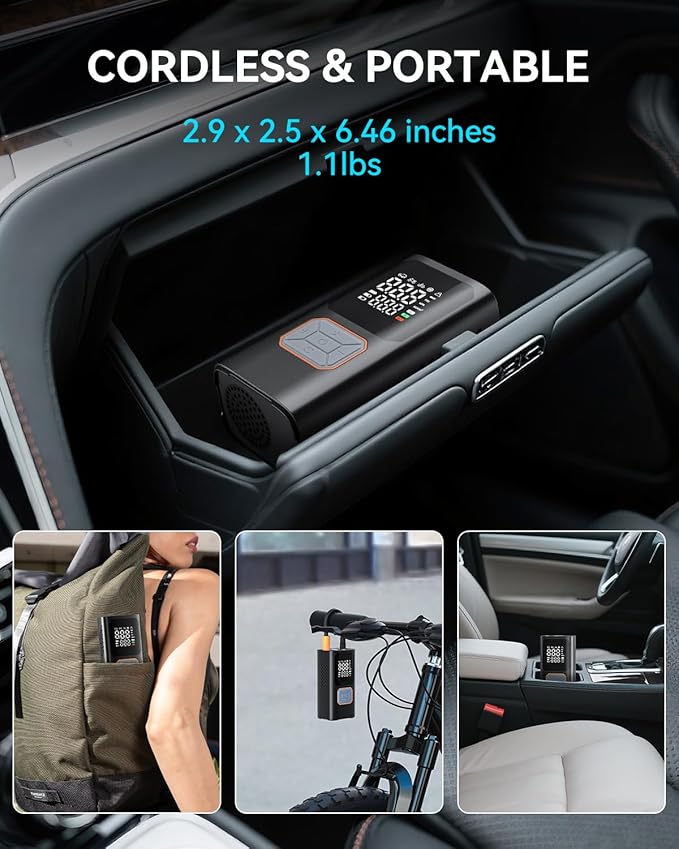 Cordless Tire Inflator Portable Air Compressor 150PSI Bike Pump with LED Light & Pressure Gauge Auto Shut-Off electric Air Pump for Car Tires Motorcycle Bicycle Ball with Digital Dual Values Display