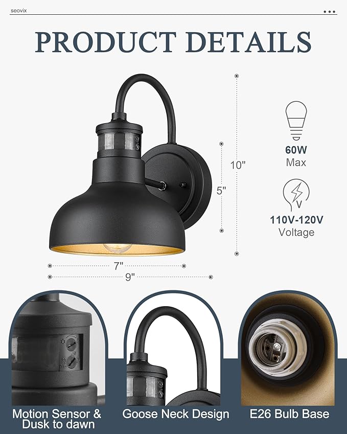 2Pack 7” Motion Sensor Outdoor Wall Light, Outdoor Light Fixture Dusk to Dawn E26 Base Socket, IP65 Waterproof Outside Porch Lights for Garage, Porch, 2210SBK(G)-2