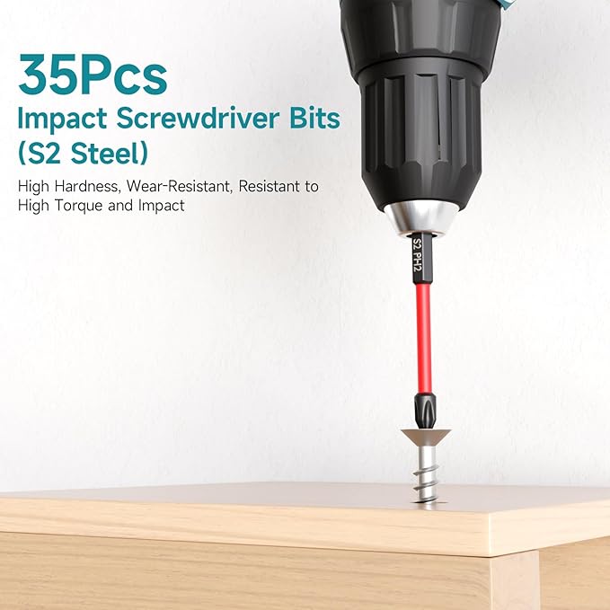 35Pcs Impact Drill and Driver Bit Set with a Storage Case, 28 Magnetic Screwdriver Bits, 3 Hex HSS Drill Bits, 3 Burrs, Magnetic Quick Change Chuck, for Power Screwdrivers