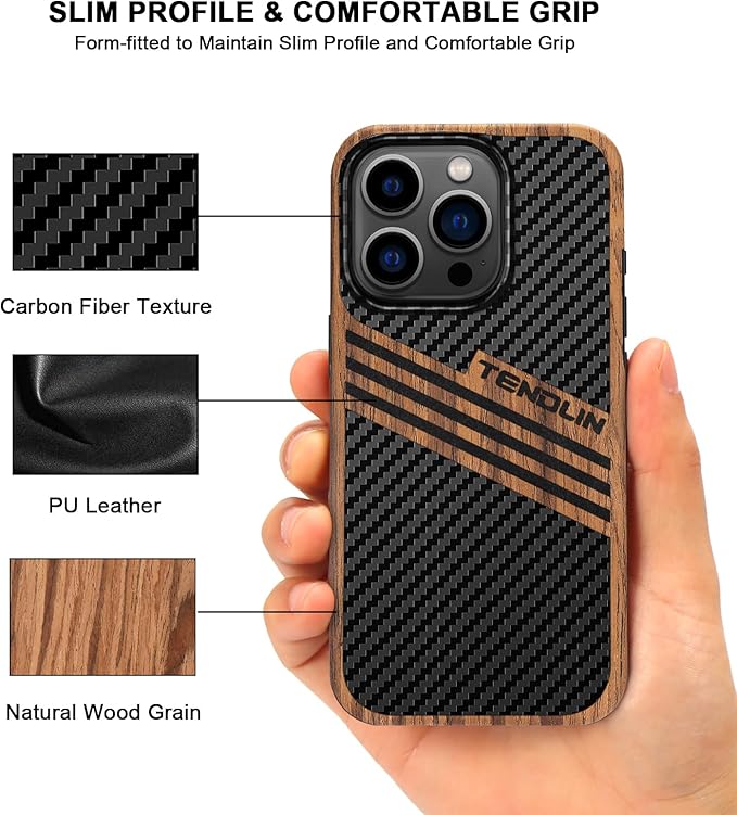 TENDLIN Compatible with iPhone 15 Pro Case Wood Grain with Carbon Fiber Texture Design Leather Hybrid Slim Case (Three Stripe)