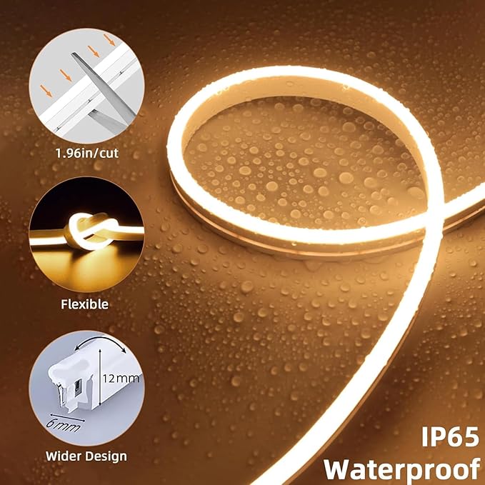 Lamomo Neon LED Rope Light 32.8Ft, Warm White LED Strip Lights 1.96in/Cut, 3000K Waterproof Flexible Silicone 24V Led Strip for DIY Neon Sign Bedroom Indoor Outdoor Decor（Power Adapter Included）