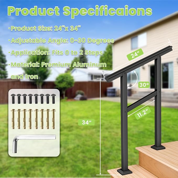SPACEEUP Hand Rails for Outdoor Steps,2 Step Handrail，24" x 34" Fits 0 to 2 Steps, Outdoor Stair Handrail Kit, Black Railings for Outdoor Steps for Porch Deck，Hand Rails for Seniors