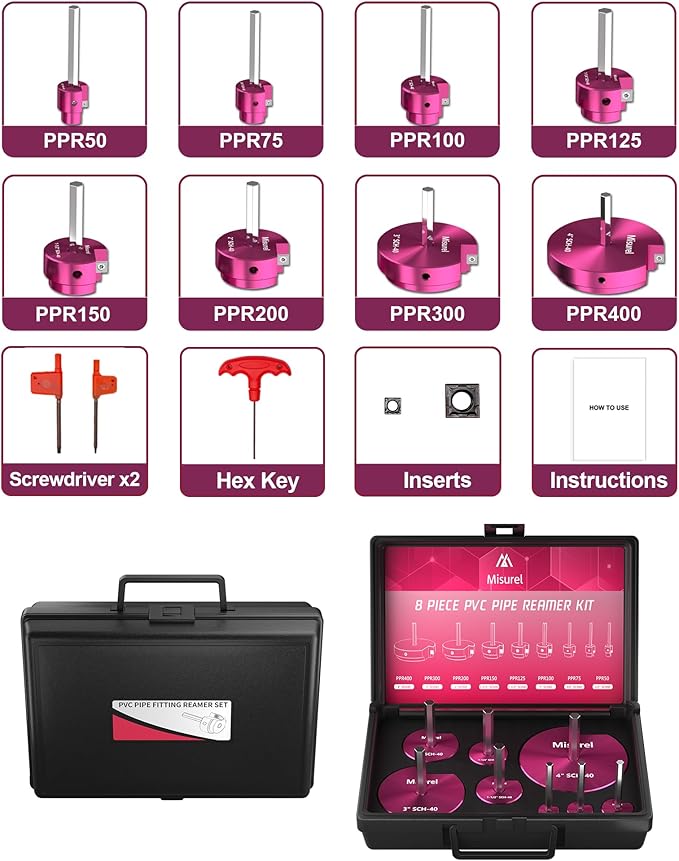 8 Pcs PVC Pipe Reamer Kit With 1/2 inch, 3/4 inch, 1 inch, 1-1/4inch, 1-1/2inch, 2inch, 3inch, 4inch, 2 Carbide Inserts, Aluminum PVC Fitting Saver, Plumbing tools for SCH40