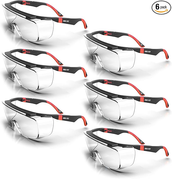 DEX FIT Safety Work Over Glasses SG210 OTG; 6 Pairs, Z87 for Men & Women, Fog & Scratch Resistant, Adjustable, UV Block (Black & Red Frame, Clear Lens)