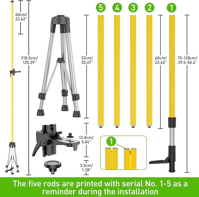 Huepar 12 Ft./3.7M Professional Laser Level Pole with Tripod and 1/4-Inch by 20-Inch Laser Mount for Rotary and Line Lasers, Adjustable Telescoping Laser Pole with 5/8"-11 Threaded Adapter-LP36A