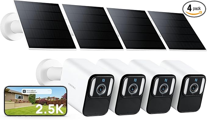 Anona Lucio 2.5K Security Camera Outdoor Battery Wireless with Solar Powered, Color Night Vision & 138° FOV, Multi-Object Detection, No Hub Needed, Two-Way Audio, IP67, 4 Pack