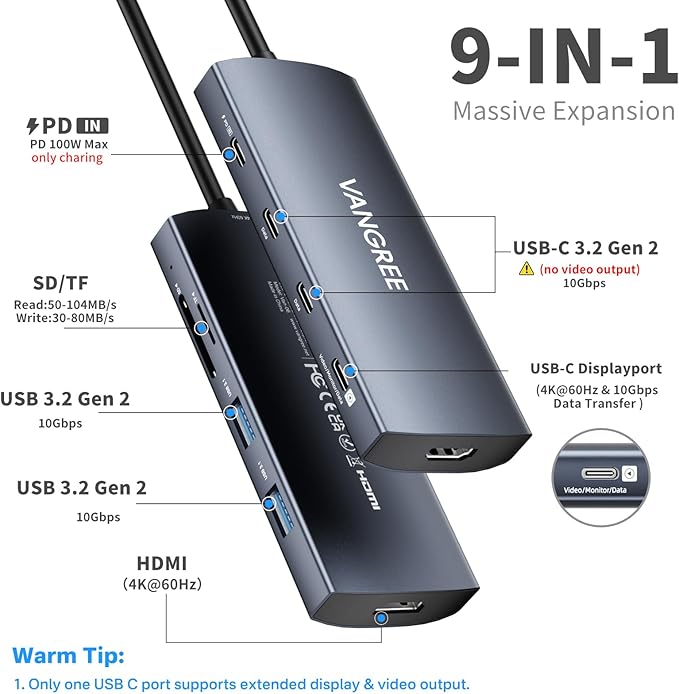 USB C Video Output Hub, 3 USB-C & 2 USB-A 3.2 10Gbps Ports, 4K@60Hz HDMI, 100W PD, SD/TF, USBC Splitter Dual Monitor Adapter for MacBook Pro/Air, iMac, iPad Pro, XPS, Surface, Galaxy S22,Samsung DEX