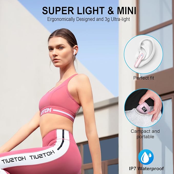 Wireless Earbuds, Bluetooth 5.4 Headphones, 48H, Stereo Ear Buds, LED Display Earphones with Mic, IP7 Waterproof In EarBud, Comfort Fit, Bluetooth Earbuds for Phone Android iOS, Sport, Walk, Pink