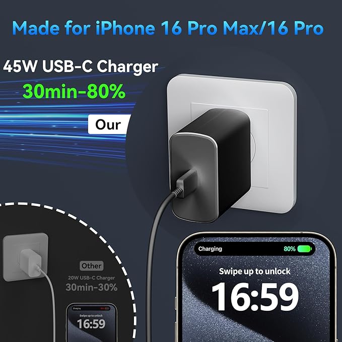 Phone 16 Pro Max Charger Fast Charging, 45W Super Fast USB C Charger Block with 6.6FT Long Charging Cord Cable for 16 Pro Max/16 Pro/16/16 Plus,15 Pro Max/15, Android Phone-Black