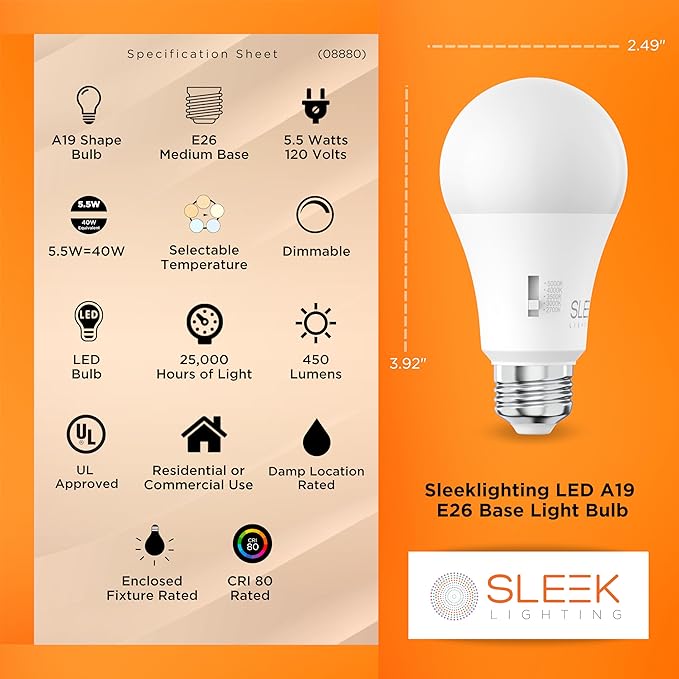 SLEEKLIGHTING A19 40W Equivalent 5.5 Watt LED Bulb, 5 CCT (2700K, 3000K, 3500K, 4000K, 5000K) 450 Lumens, Dimmable, Energy Star, E26 Base - (4 Pack)