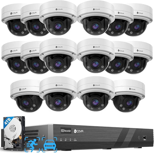 4COVR 16 Channel PoE AutoFocus 16 Camera Security System for Business, Human Vehicle Detection, 16x 5MP 2.8-12mm IK10 Vandal-Proof IP67 Dome Commercial IP Camera, 16CH UHD NVR 4TB HDD, LY57BA5M1616