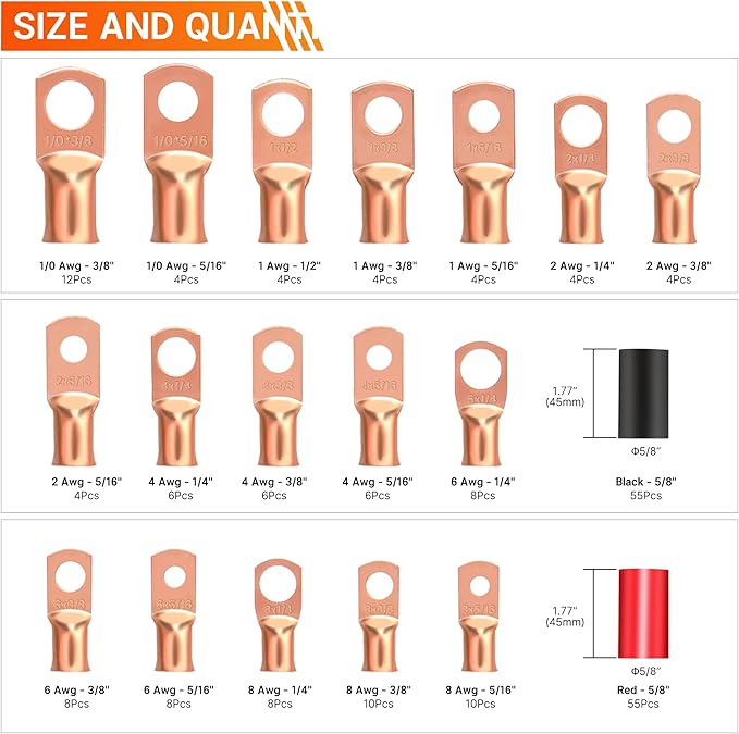 Kuject Battery Cable Lug Crimping Tool Kit with Copper Wire Lug AWG 1 2 4 6 8 1/0 Gauge, Wire Crimper for AWG 10-1/0 with Cable Cutter, 110PCS Battery Cable Ends with 110PCS 3:1 Heat Shrink Tubing