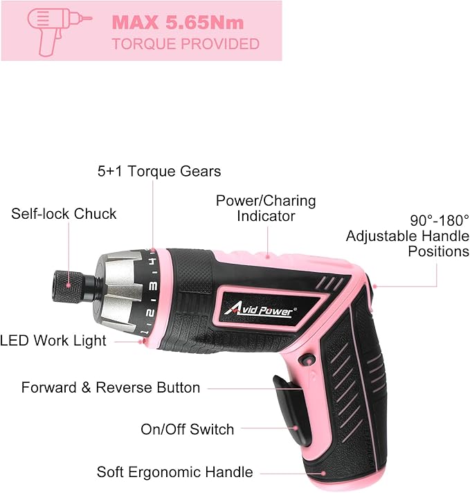 AVID POWER Electric Cordless Screwdriver Set Rechargeable 4V Power Screwdriver Kit with 44pcs Accessories, 5.65Nm Screw Gun, 5+1 Torque Setting, 2 Position Handle with LED Light - Pink Tools for Women